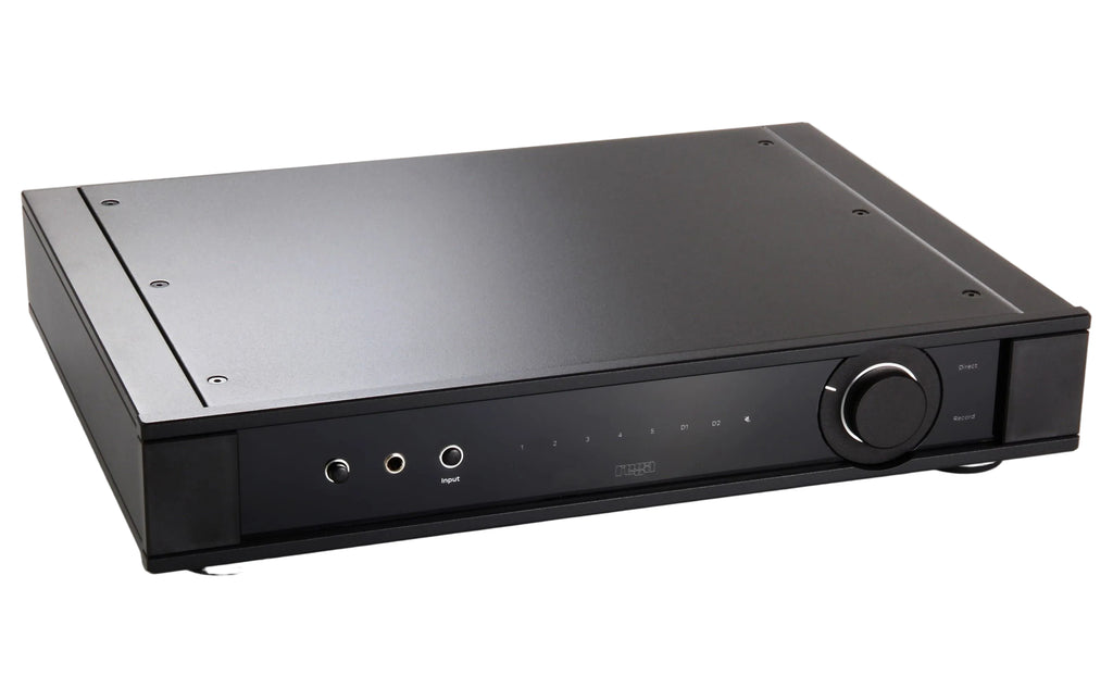 Black audio amplifier on a white background