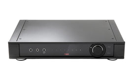 Black audio amplifier with control knobs on a white background